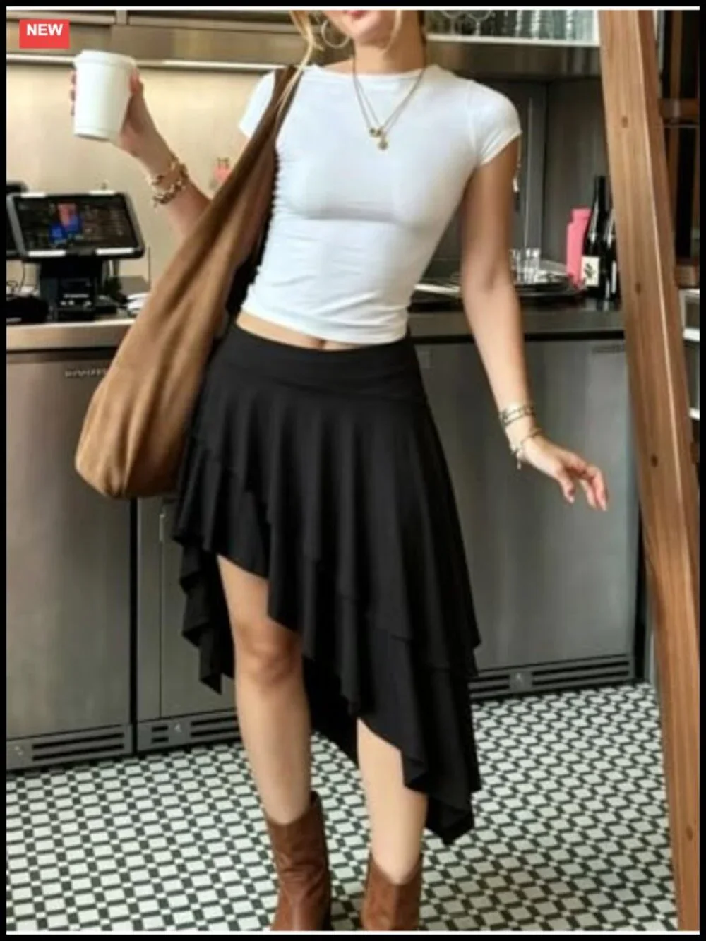 High Waist Ruffle Flowy Asymmetrical Split Midi Skirt